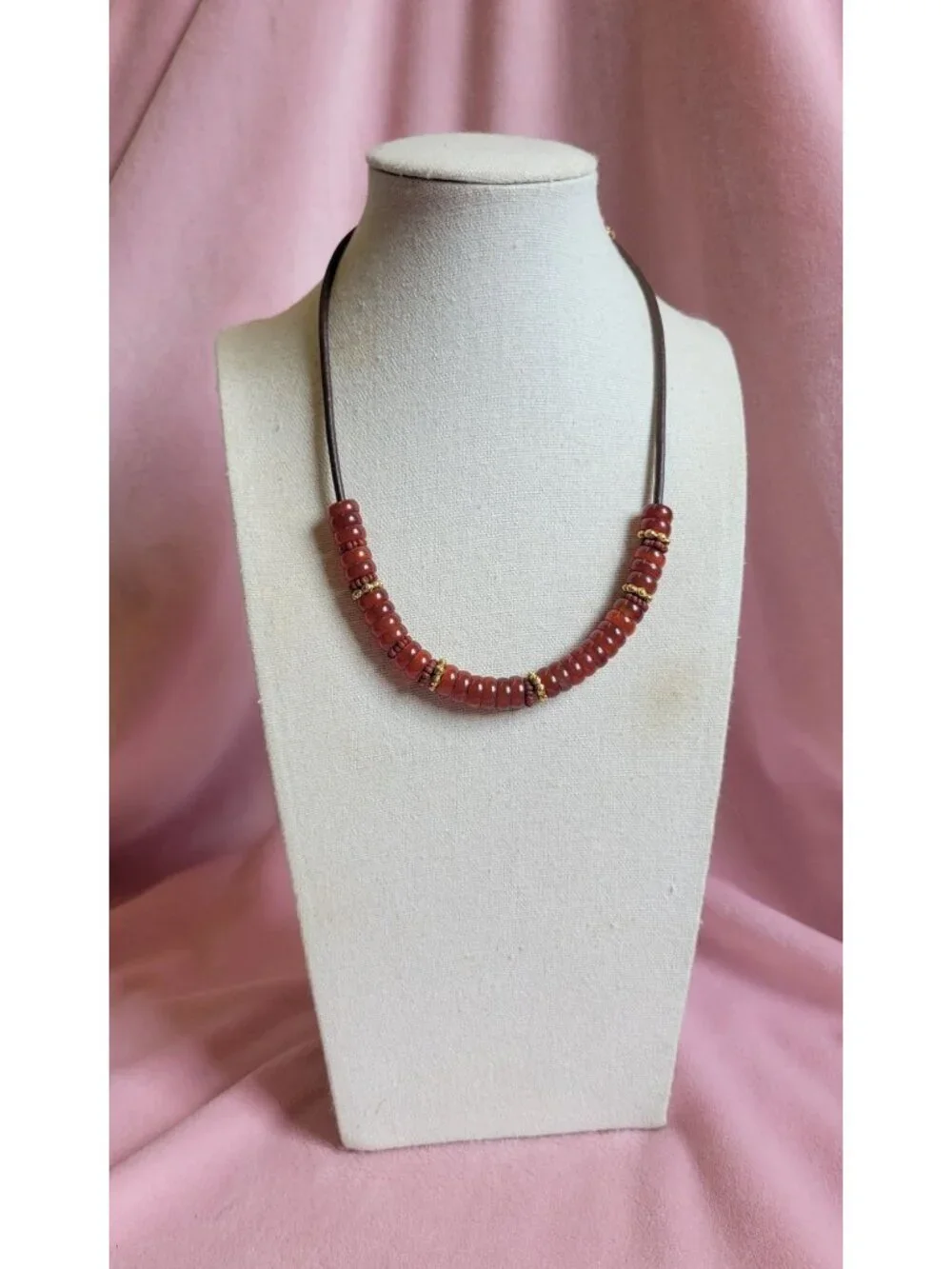 Vintage Carolee Signed Orange Glass Disk Beaded Cord Gold Tone Necklace N1F